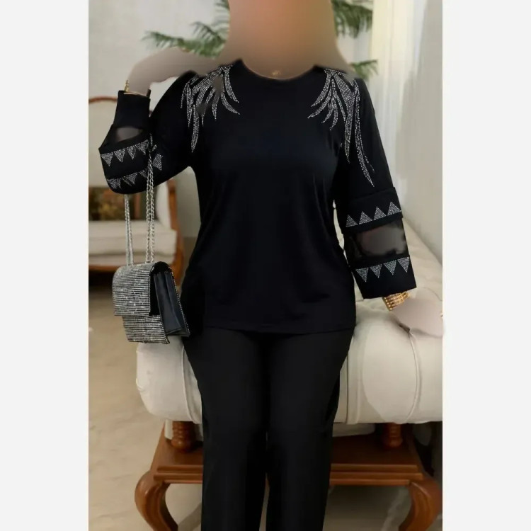 بلوز زنانه ویسکوز پنبه ای نگین دار فری سایز 38 تا 48