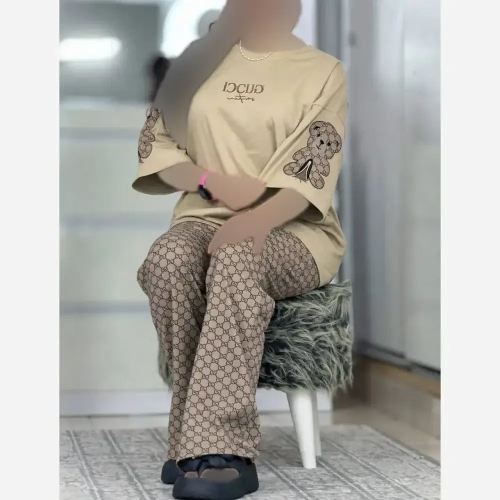 ست تیشرت و شلوار زنانه مدل لویی جنس پنبه گلکسی فری سایز 38 تا 46