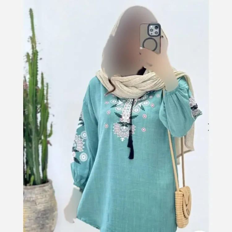 تونیک زنانه مارال جنس شانتون درجه یک سایز 38 تا 50 با گلدوزی چاپی و کمربند