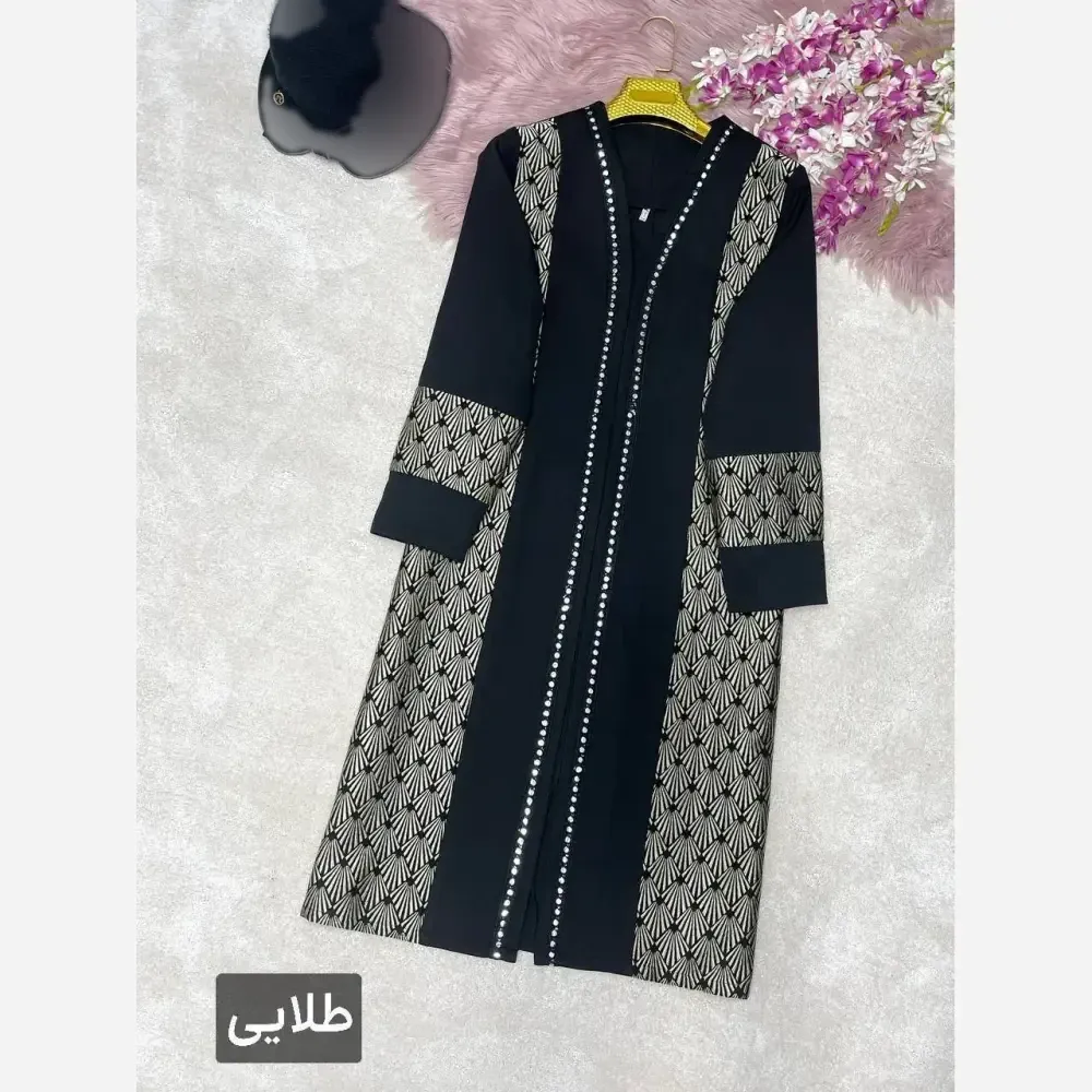 مانتو مزونی مدل صدف جنس کرپ مازراتی با خرجکار تافته رنگ طلایی