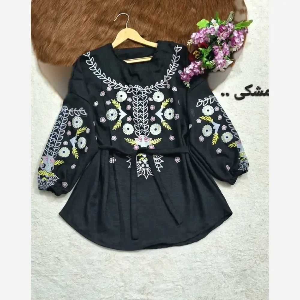 تونیک زنانه طرح گل دلبر جنس شانتون گرم بالا فری سایز مشکی