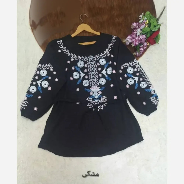 تونیک زنانه طرح گل دلبر جنس شانتون گرم بالا فری سایز مشکی