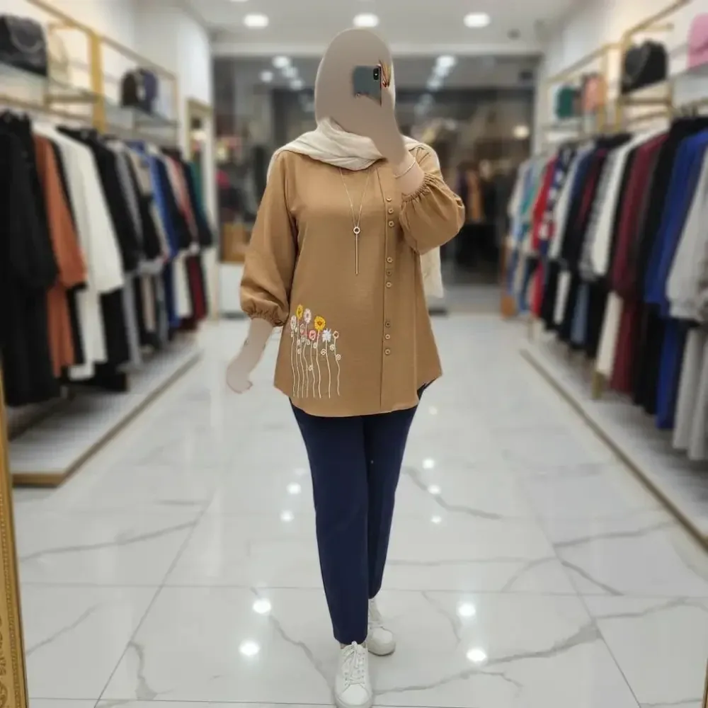 تونیک جلو دکمه شانتون و گلدوزی فری سایز قد 80 رنگ نسکافه ای سبزسدری کرم روشن