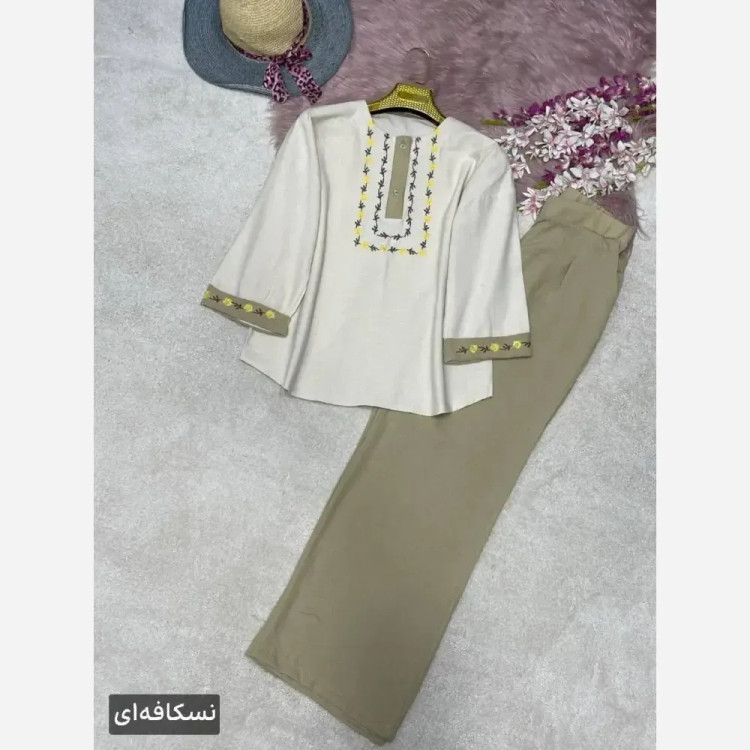 ست شومیز و شلوار زنانه گلدوزی لاوین جنس لنین و صوفیا فری سایز 38 تا 46