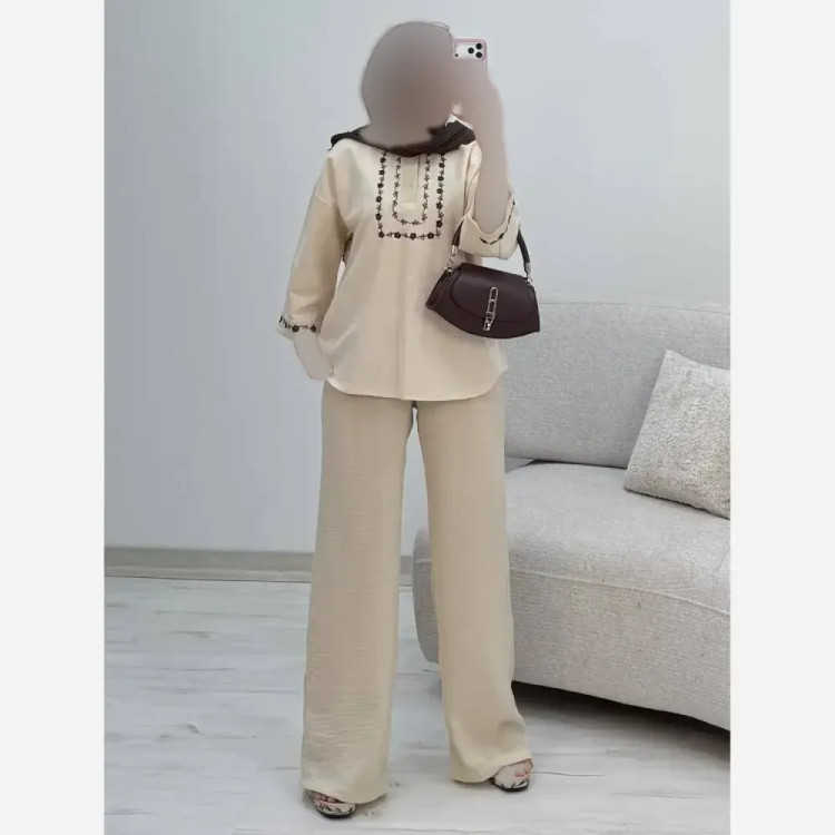 ست شومیز و شلوار زنانه گلدوزی لاوین جنس لنین و صوفیا فری سایز 38 تا 46