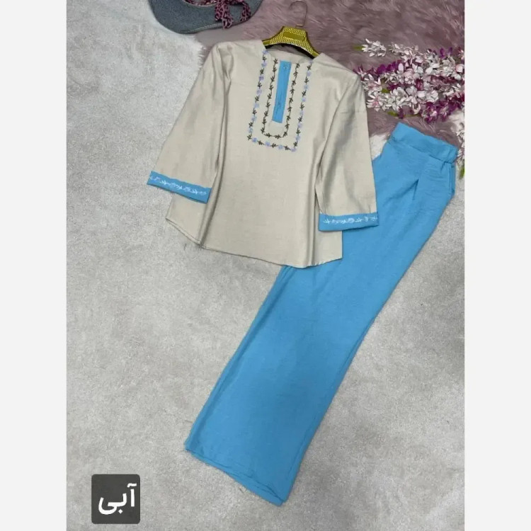 ست شومیز و شلوار زنانه گلدوزی لاوین جنس لنین و صوفیا فری سایز 38 تا 46