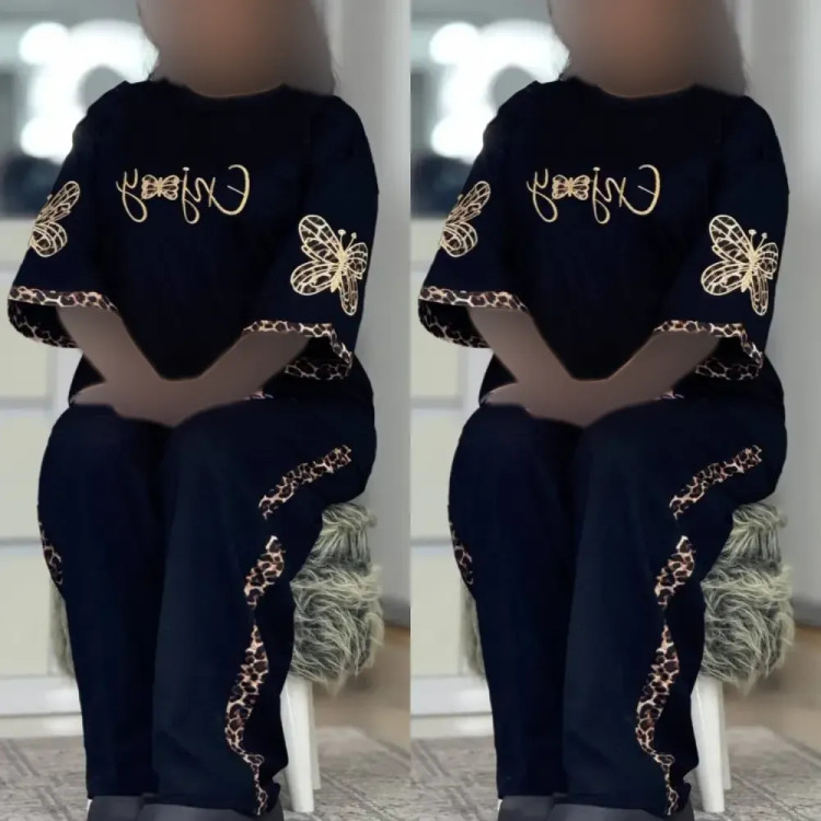ست تیشرت و شلوار زنانه مدل گیلدا جنس پنبه گلکسی رنگ مشکی فری سایز 38 تا 46