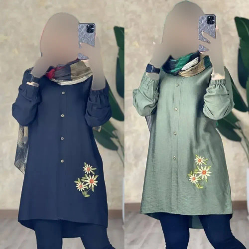 شومیز مانتویی گلدوزی شده طرح سه گل بابونه جنس شانتون زنانه