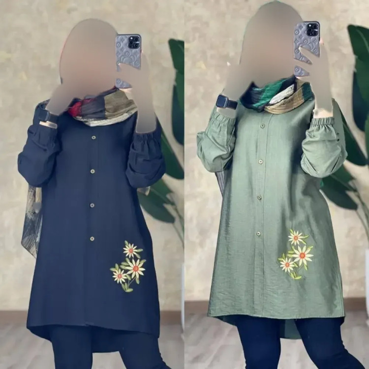 شومیز مانتویی گلدوزی شده طرح سه گل بابونه جنس شانتون زنانه