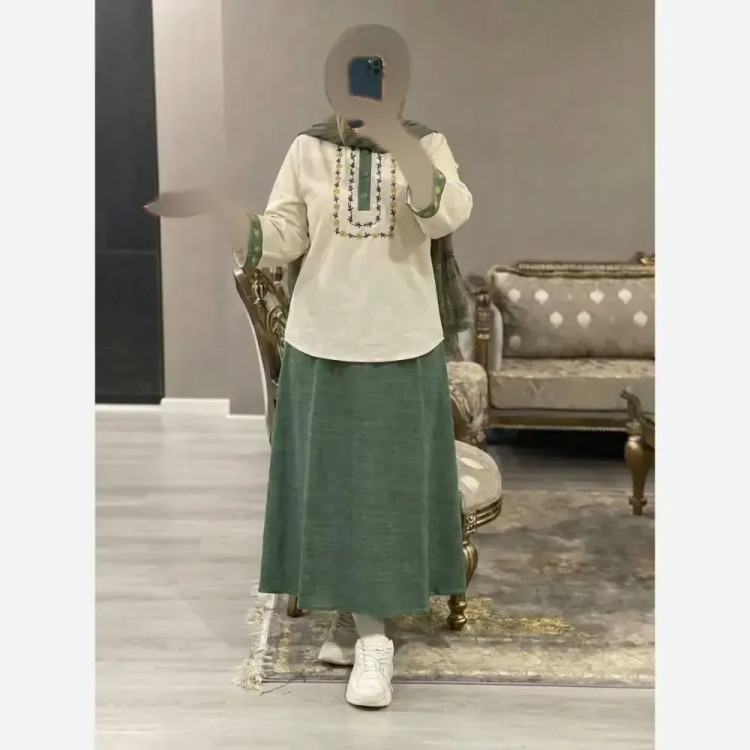 ست شومیز و دامن زنانه مدل ژیوا جنس لنین و شانتون فری سایز 38 تا 46