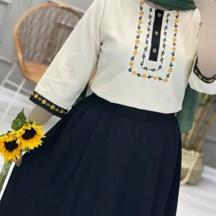 ست شومیز و دامن زنانه مدل ژیوا جنس لنین و شانتون فری سایز 38 تا 46