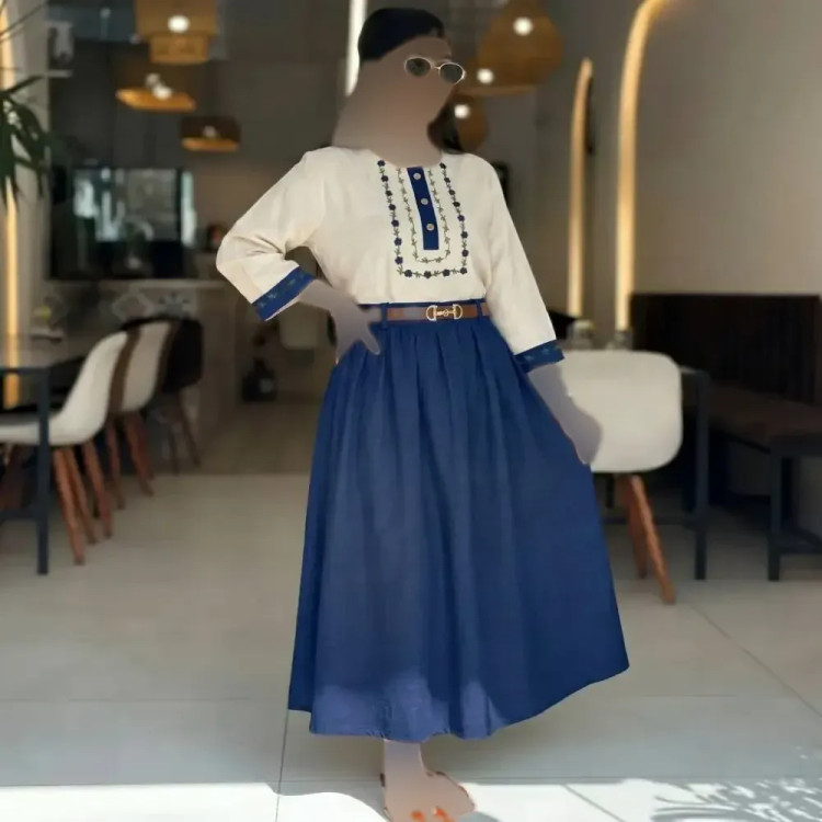 ست شومیز و دامن زنانه مدل ژیوا جنس لنین و شانتون فری سایز 38 تا 46