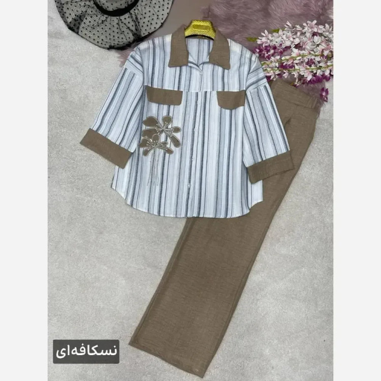 ست شومیز و شلوار زنانه مدل نوگل جنس لنین و شانتون سایز فری 38 تا 46