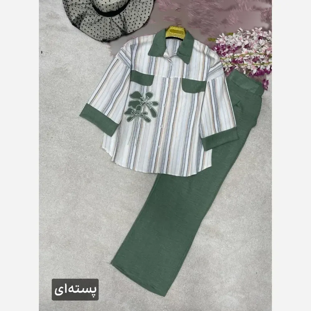 ست شومیز و شلوار زنانه مدل نوگل جنس لنین و شانتون سایز فری 38 تا 46