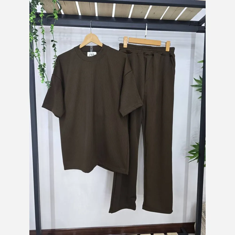 ست تیشرت و شلوار مردانه یقه گرد آرسام جنس فتیله ای کبریتی فری سایز
