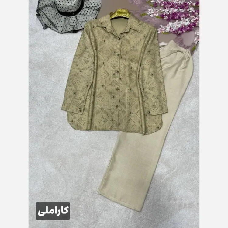 ست شومیز و شلوار زنانه مدل دنیز جنس بوگاتی و صوفیا سایز فری 38 تا 46