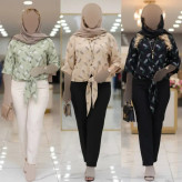 شومیز زنانه مدل گره ای طرح برگی جنس شانتون فری سایز
