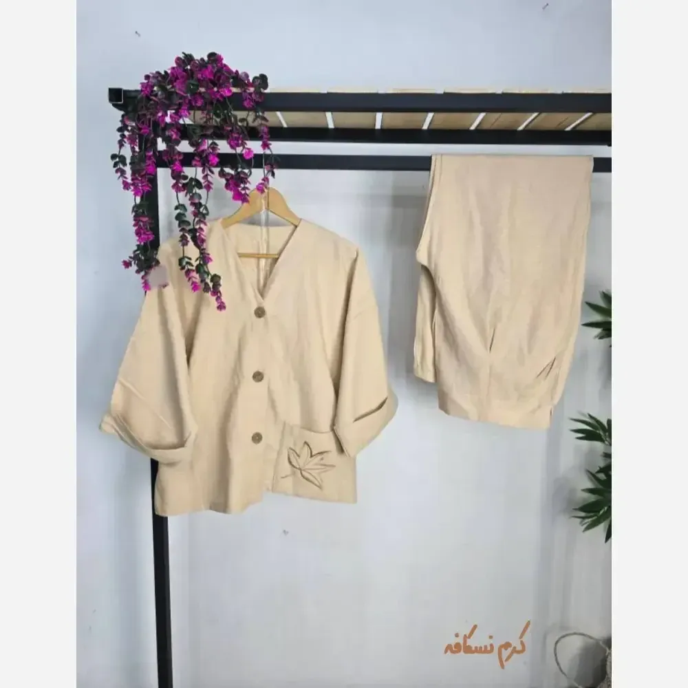ست مانتو و شلوار زنانه جنس لنین کجراه ترک فری سایز 36 تا 46