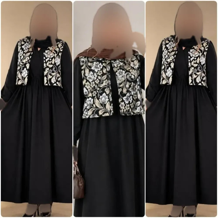 سارافن زنانه کریشه مشکی با جلیقه سوزن دوزی مدل نیوشا فری سایز
