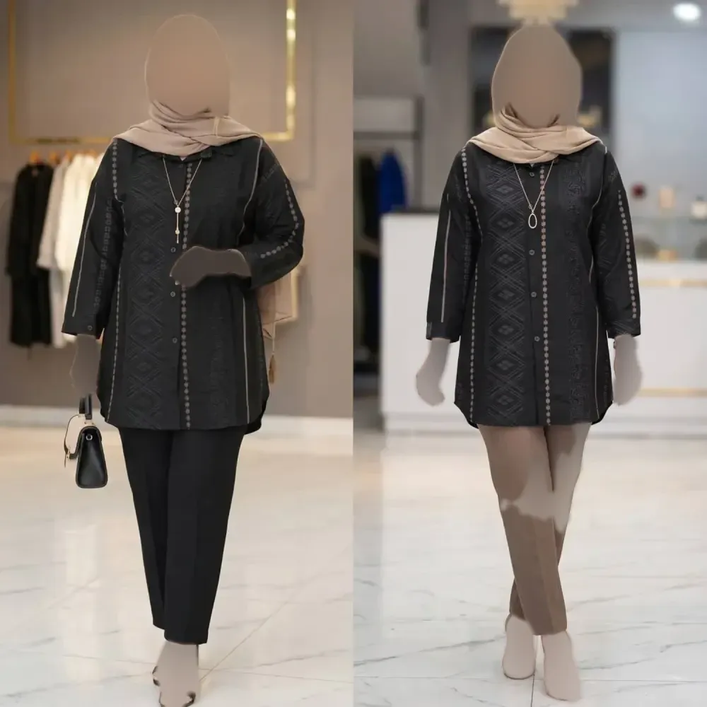 شومیز مانتویی زنانه مدل دینا جنس کتان ژاکارد رنگ مشکی فری سایز