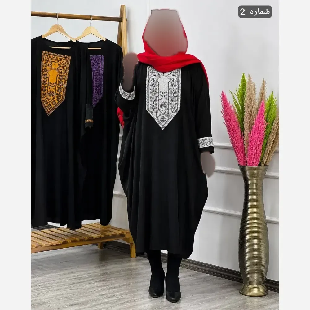 مانتو عبایی سمیرا جنس کرپ اسکاچی و کتیبه تافته فری سایز 36 تا 58