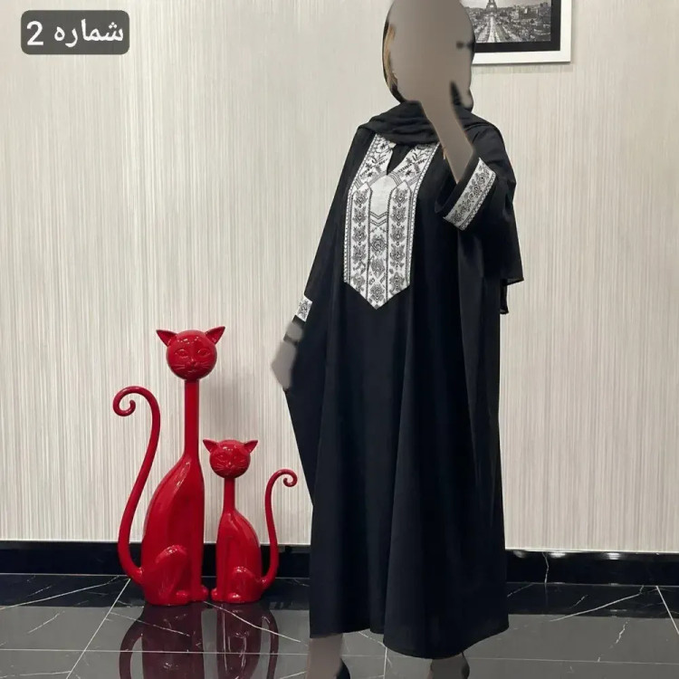 مانتو عبایی سمیرا جنس کرپ اسکاچی و کتیبه تافته فری سایز 36 تا 58