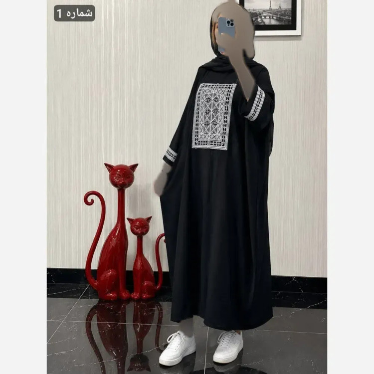 مانتو عبایی سمیرا جنس کرپ اسکاچی و کتیبه تافته فری سایز 36 تا 58