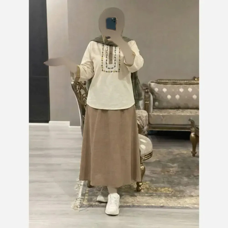 ست شومیز و دامن زنانه جنس لنین و شانتون فری سایز 38 تا 46
