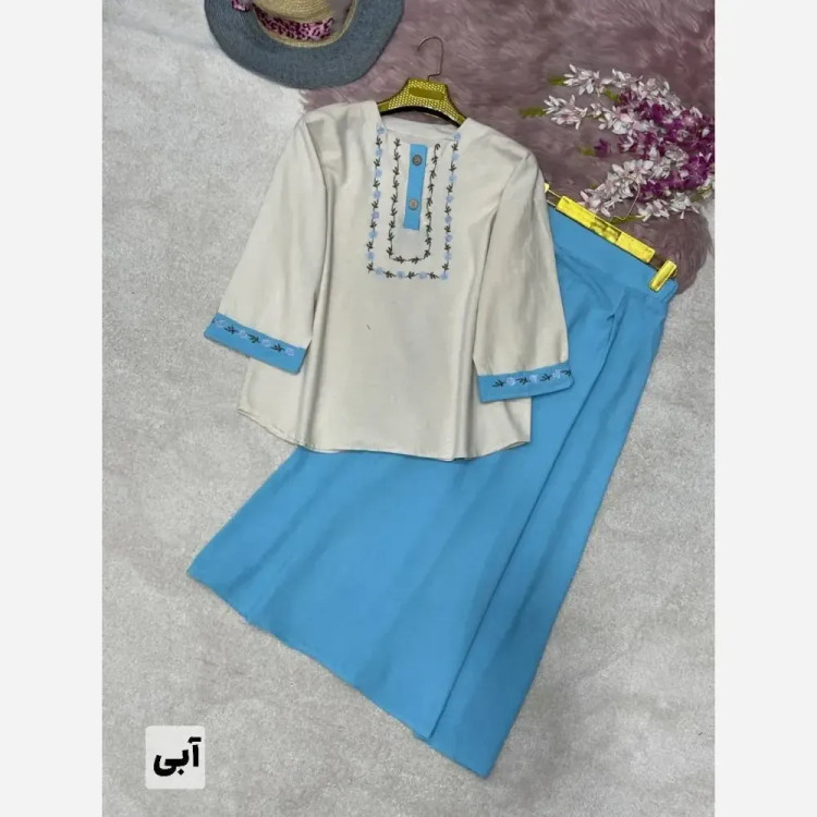 ست شومیز و دامن زنانه جنس لنین و شانتون فری سایز 38 تا 46