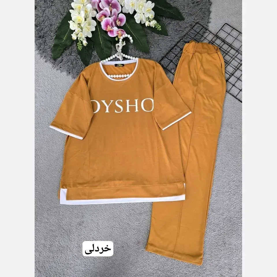 ست تاپ و شلوار زنانه نوتلا جنس پنبه گلکسی رنگ خردلی فری سایز 36 تا 46