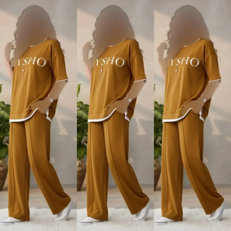 ست تاپ و شلوار زنانه نوتلا جنس پنبه گلکسی رنگ خردلی فری سایز 36 تا 46