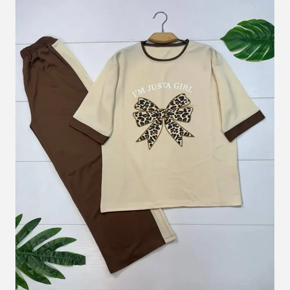 ست بلوز و شلوار زنانه مدل فلورا جنس پنبه گلکسی رنگ نسکافه ای فری سایز 36 تا 46