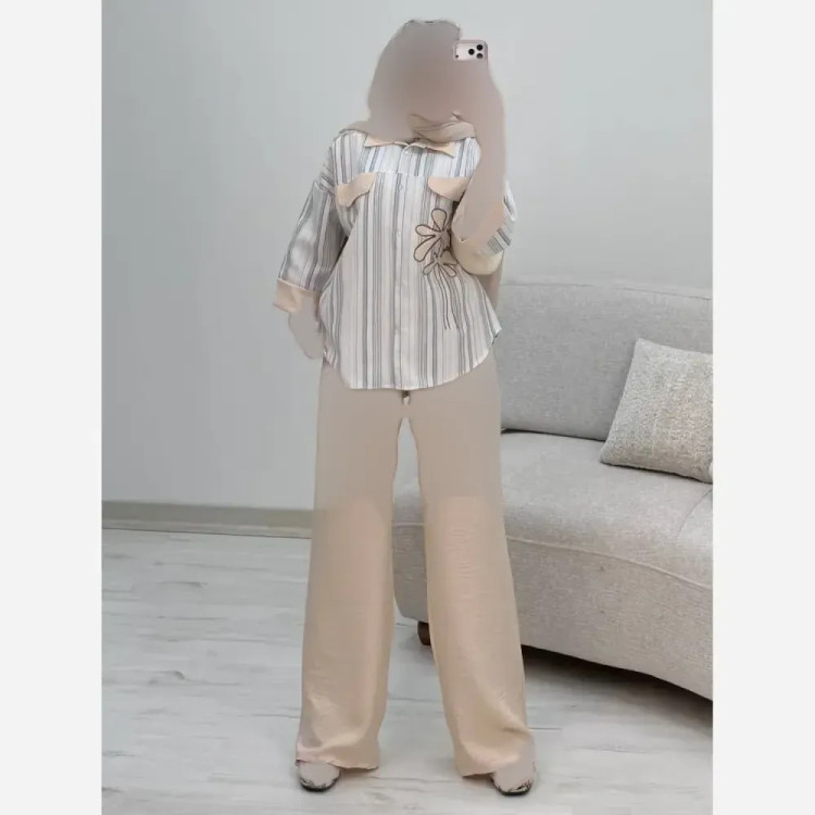 ست شومیز و شلوار زنانه مدل نوگل جنس لنین بیسکویتی و شانتون سایز فری 38 تا 46