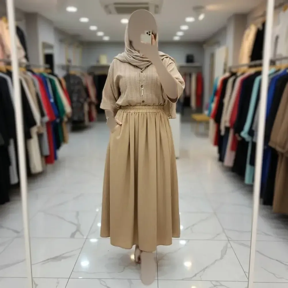 ست شومیز کوک دوزی و دامن شانتون زنانه مدل رومینا رنگ نسکافه ای فری سایز