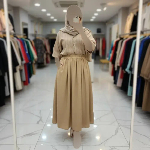 ست شومیز کوک دوزی و دامن شانتون زنانه مدل رومینا رنگ نسکافه ای فری سایز