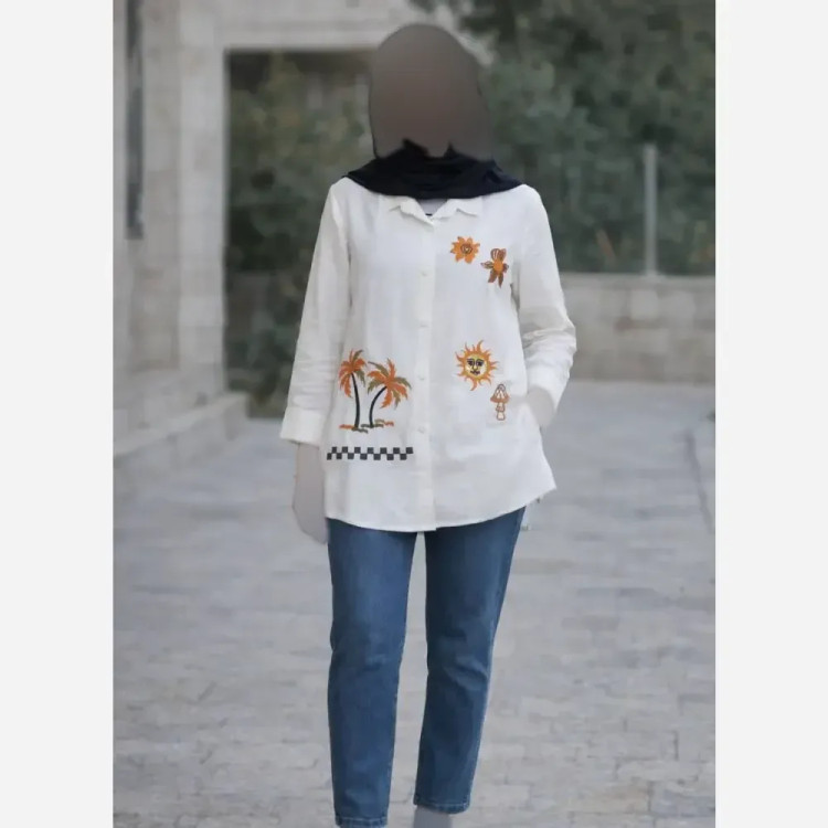 شومیز زنانه طرح نخل و خورشید گلدوزی شده جنس داکرون درجه یک