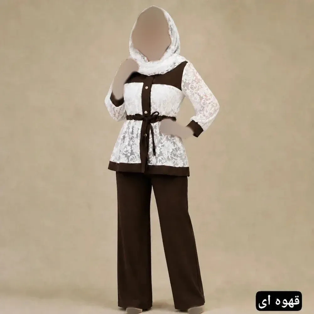 ست مانتو شلوار زنانه مدل فندق جنس مازراتی و تور فری سایز تا 48