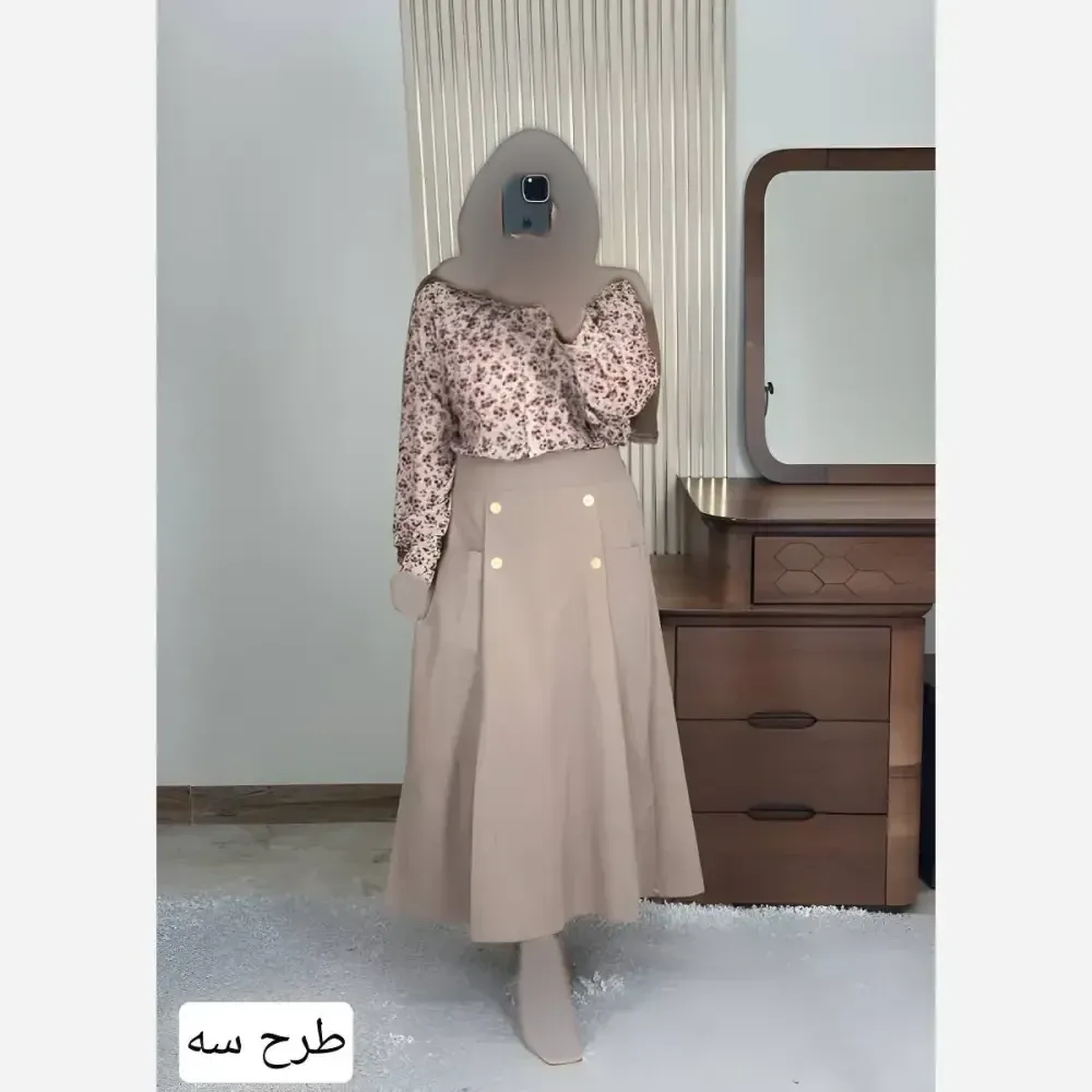 ست شومیز و دامن گلبرگ جنس لینن نچرال و بوگاتی رنگ طوسی
