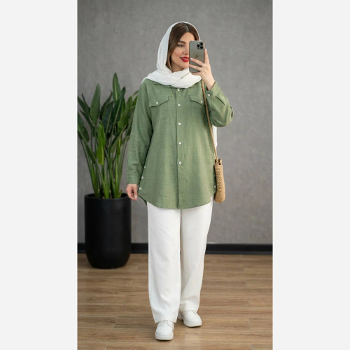 شومیز زنانه بغل دکمه آستین ساده جنس صوفیا شانتون فری سایز