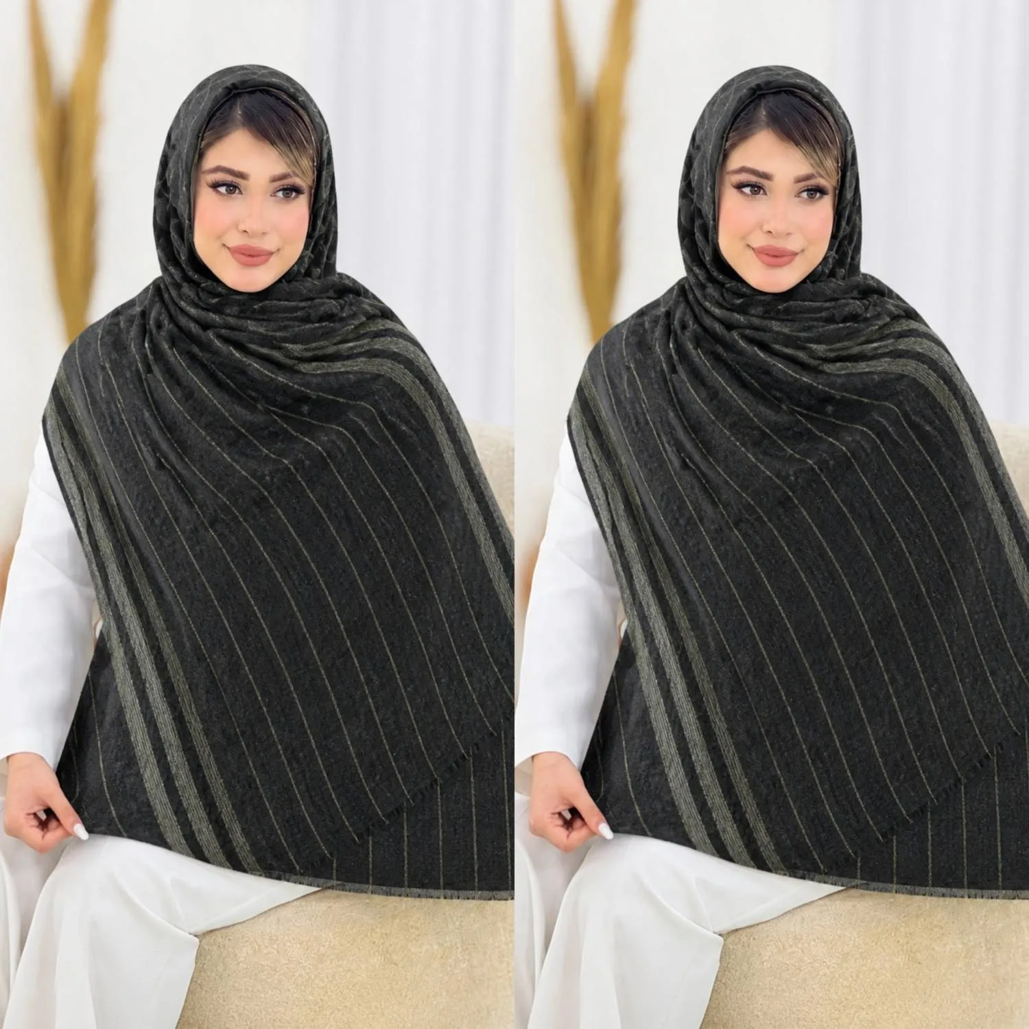شال لمه مجلسی طرح دار مشکی طلایی جنس کنفی سایز 75 در 175
