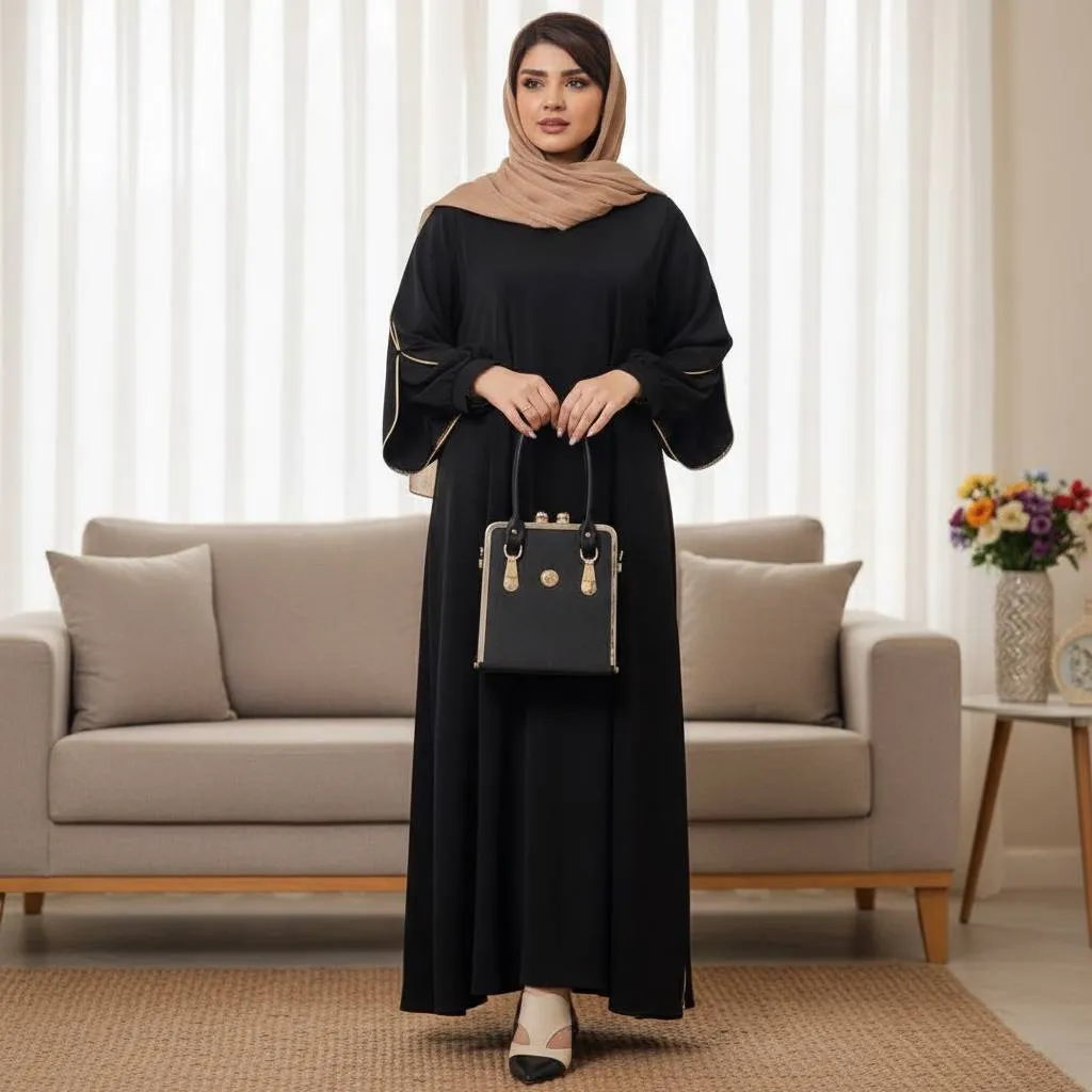 عبای زنانه مدل آستین دبل جنس الیزه درجه یک رنگ مشکی سایز 38 تا 50