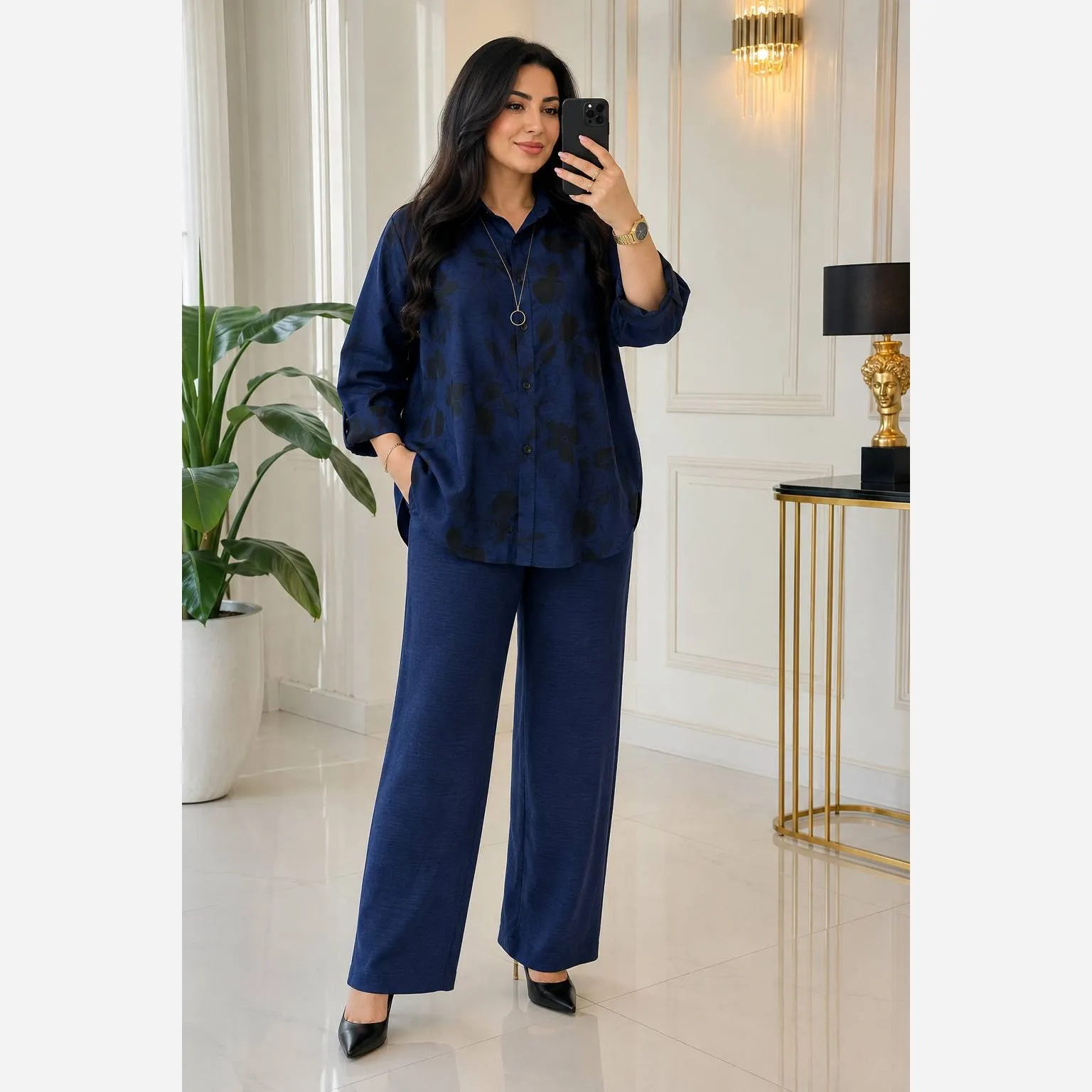 ست شومیز و شلوار زنانه مدل جانا جنس شانتون وارداتی فری سایز 38 تا 50