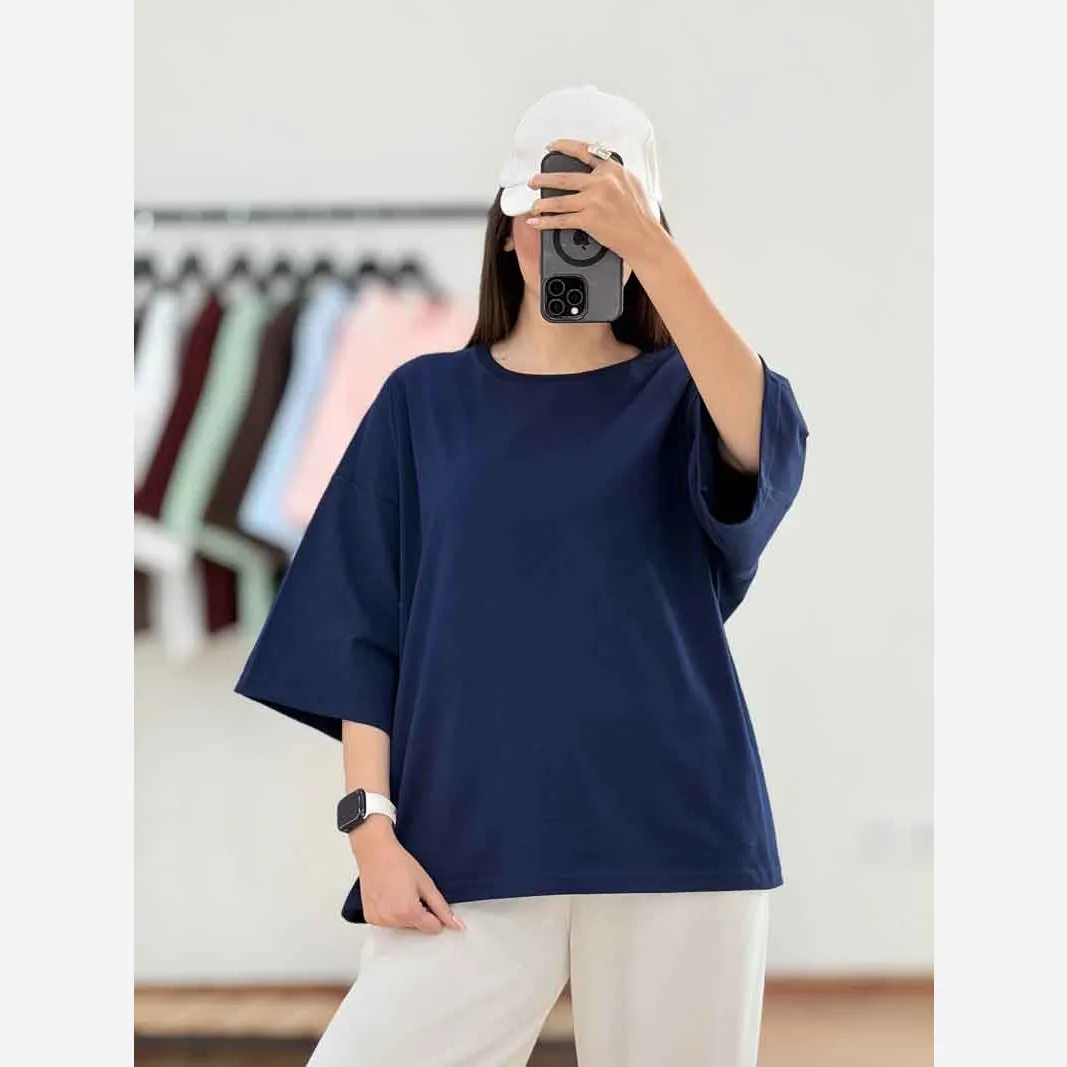 تیشرت ساده باکسی نخ سوپرپنبه زنانه و دخترانه فری سایز