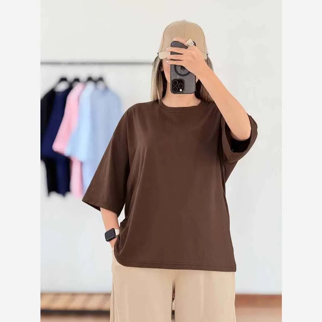 تیشرت ساده باکسی نخ سوپرپنبه زنانه و دخترانه فری سایز