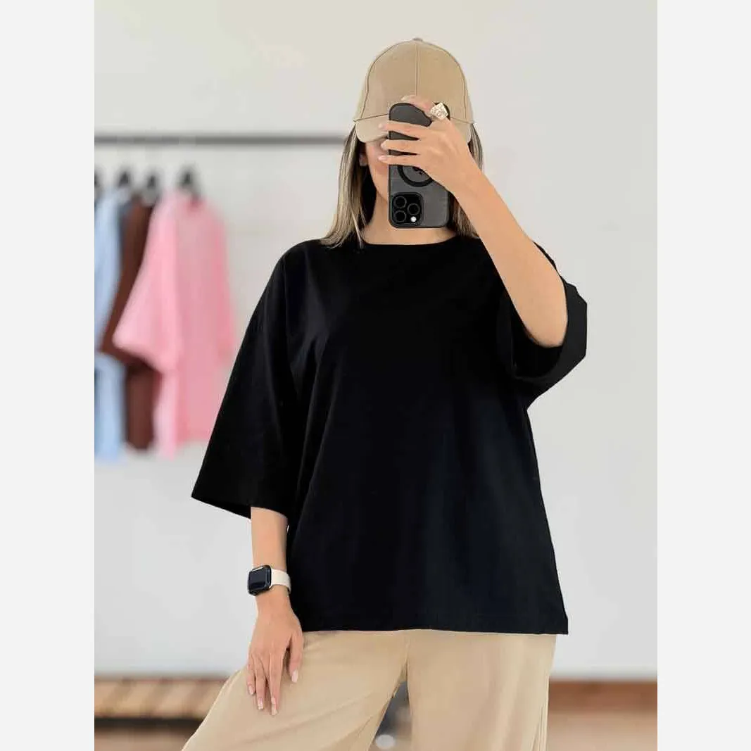 تیشرت ساده باکسی نخ سوپرپنبه زنانه و دخترانه فری سایز