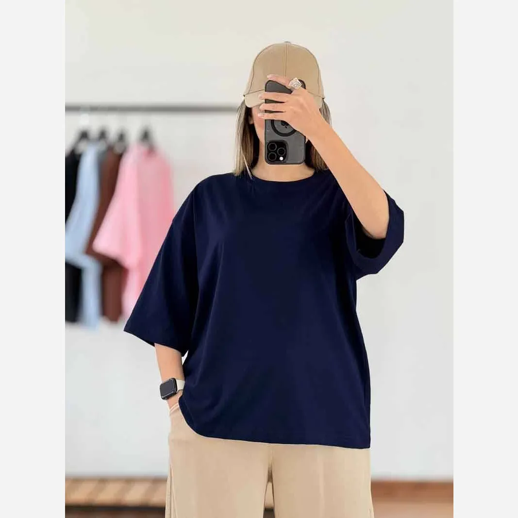 تیشرت ساده باکسی نخ سوپرپنبه زنانه و دخترانه فری سایز