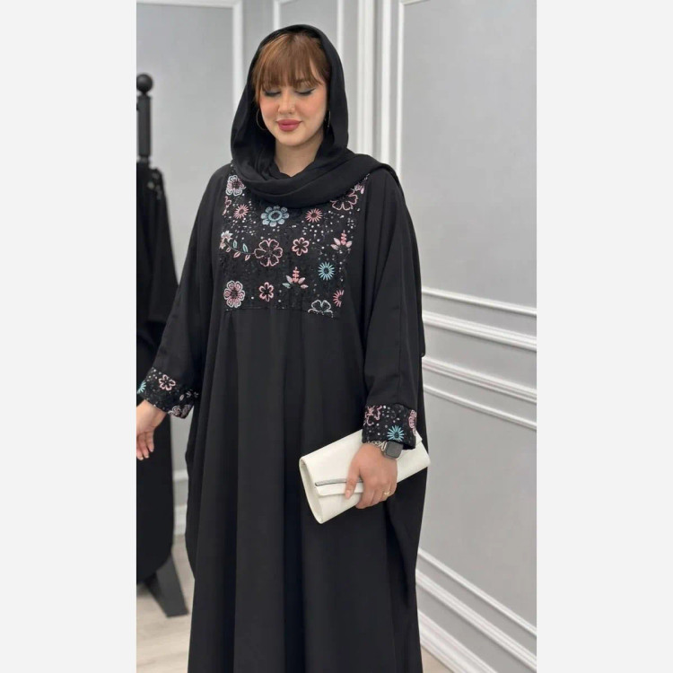 عبا مجلسی زنانه مدل شکوفه جنس الیزه با خرجکار سوزن دوزی رنگ مشکی سایز فری 38 تا 52
