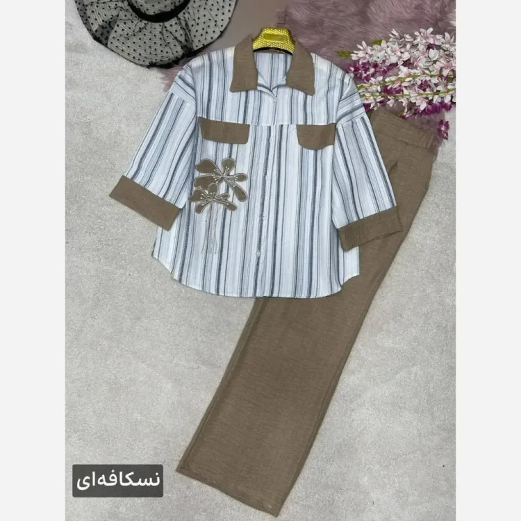 ست شومیز شلوار لنین بیسکویتی و شانتون مدل نوگل سایز 38 تا 46
