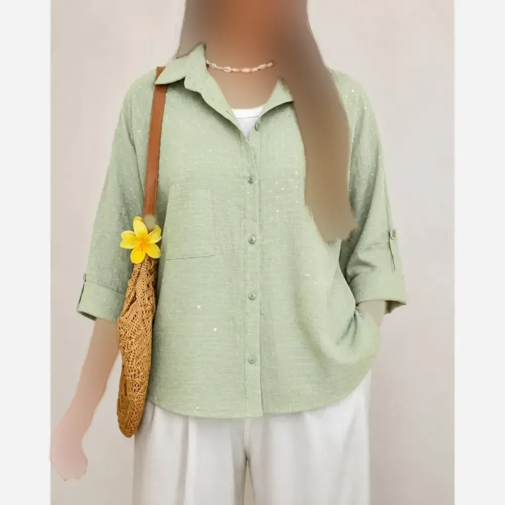 شومیز فول نگینی سارینا آستین باکسی جنس السا وارداتی رنگ سبز ماچا سایز 38 تا 46