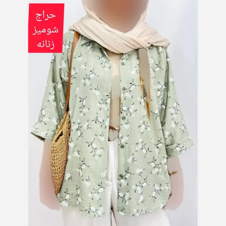 شومیز زنانه لنین طرح گل گچی رنگ طوسی فری سایز